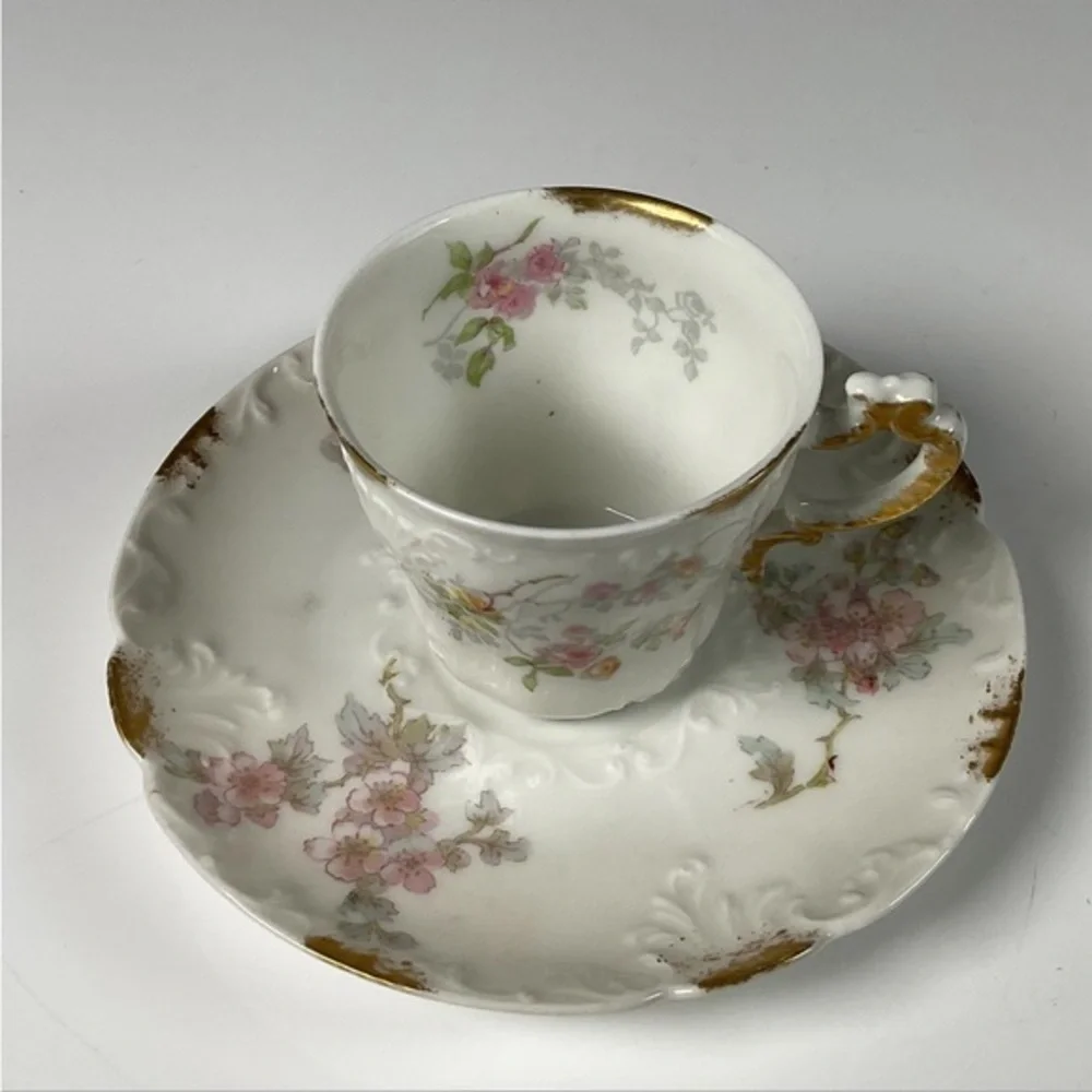 2pc Limoges Floral Teacup and Saucer Set with Gold‎ Accents